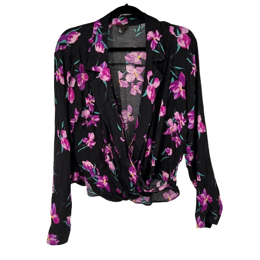 Free Press Black Pink Floral‎ Collared Deep V Neck Long Sleeve Top Womens XL